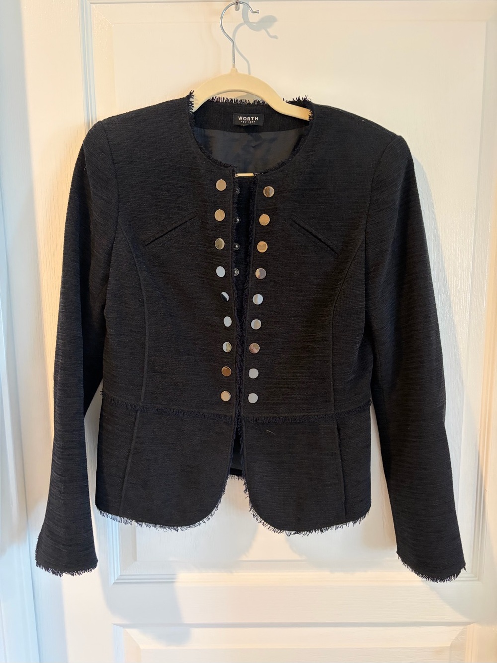 Worth Black Frayed Tweed Blazer Sleeve Detail